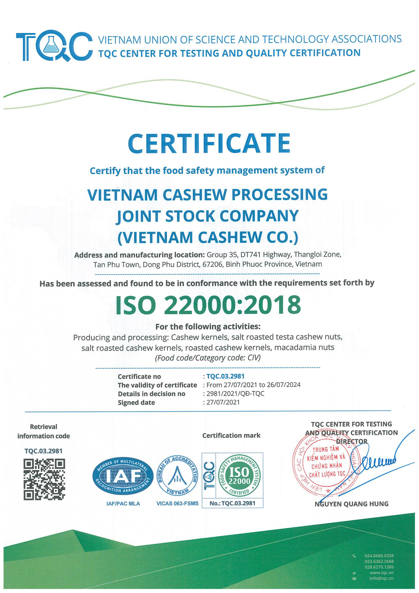HACCP integrated ISO 22000 Certificate